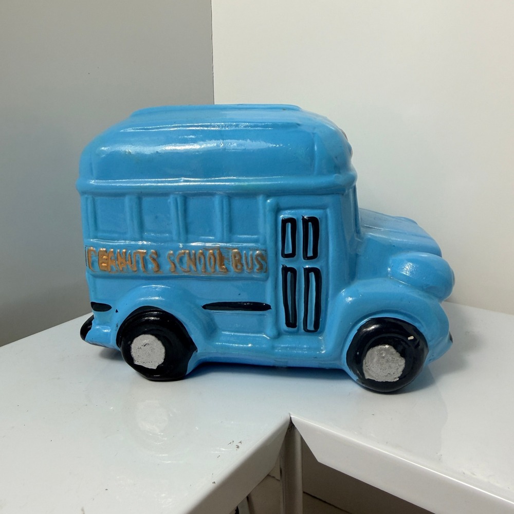 Peanuts School Bus Ceramic Coin Bank Blue Vtg Style Snoopy‎ Charlie Brown Gang